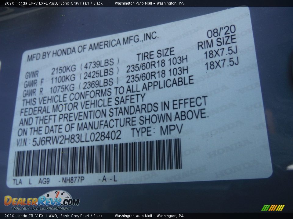 2020 Honda CR-V EX-L AWD Sonic Gray Pearl / Black Photo #35