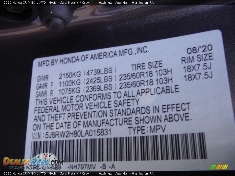 2020 Honda CR-V EX-L AWD Modern Steel Metallic / Gray Photo #32