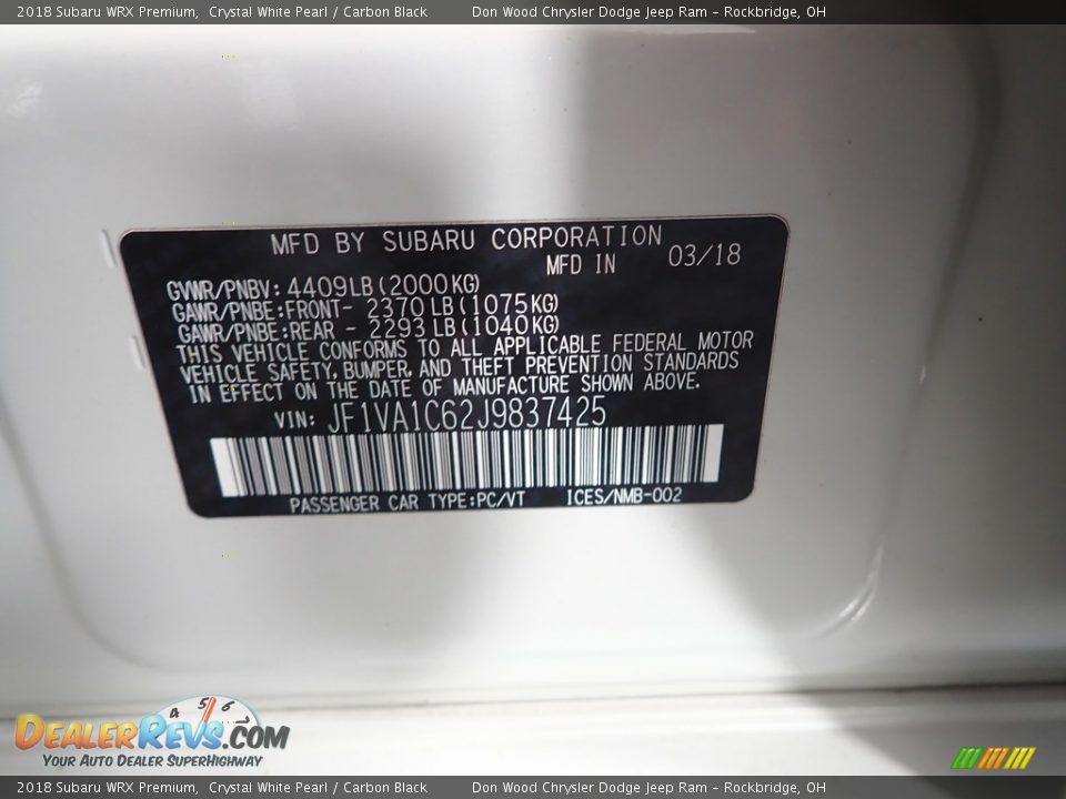 2018 Subaru WRX Premium Crystal White Pearl / Carbon Black Photo #33