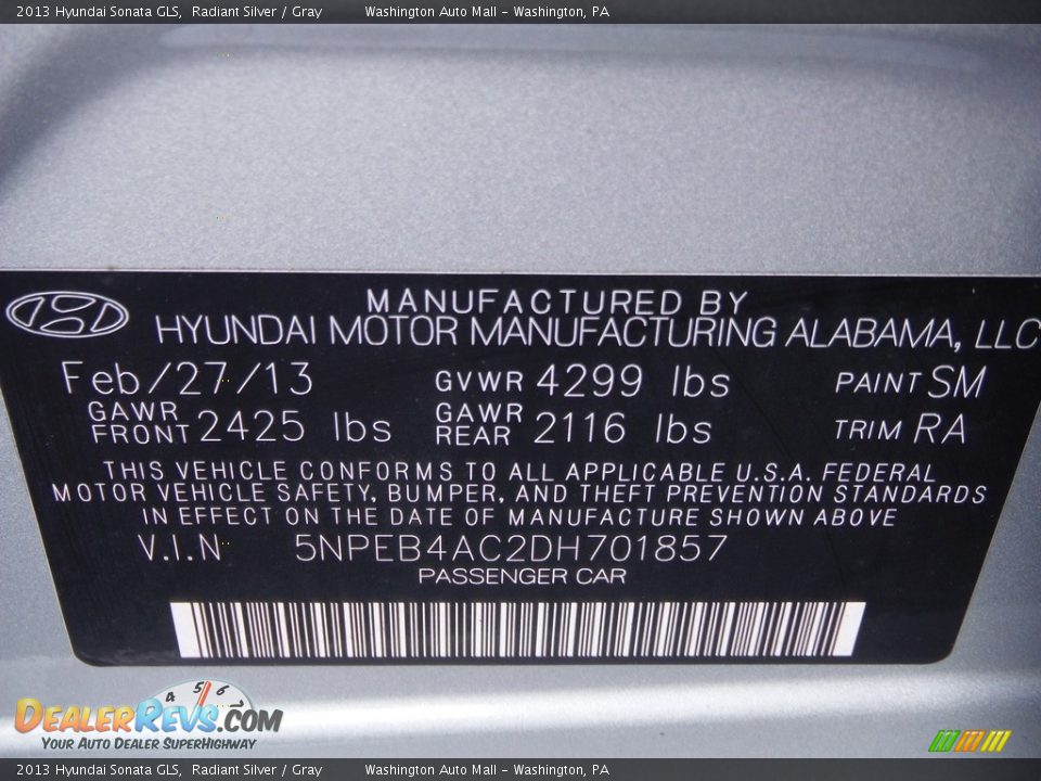 2013 Hyundai Sonata GLS Radiant Silver / Gray Photo #24