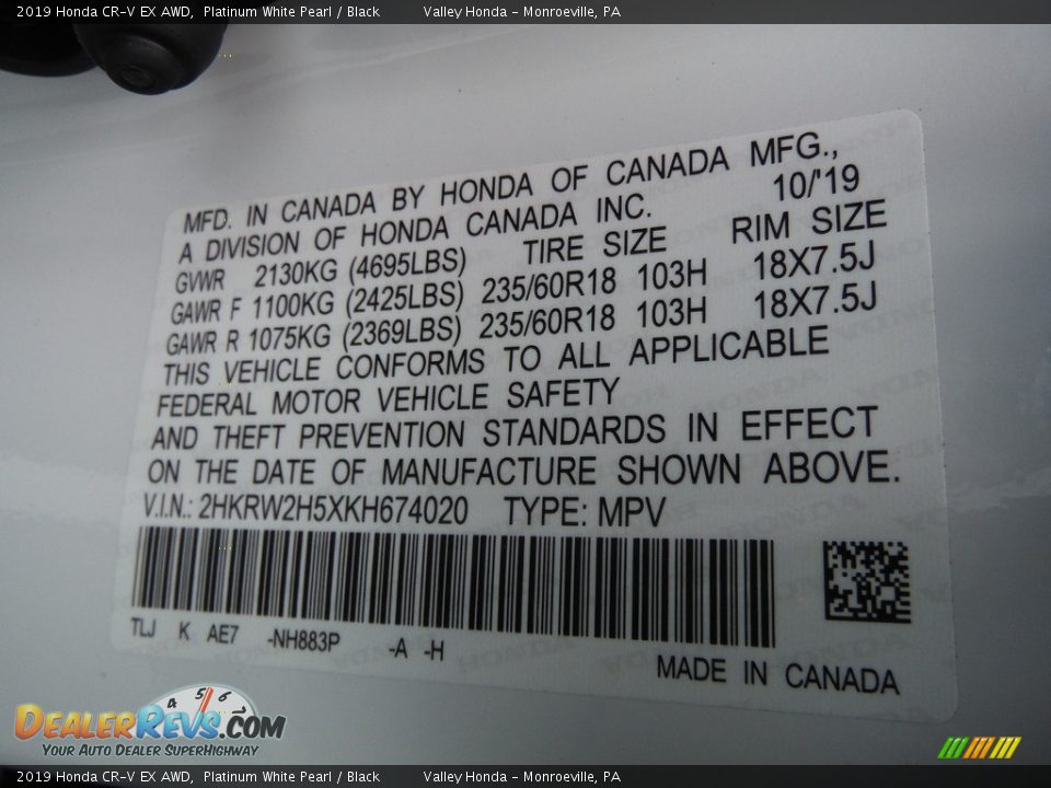 2019 Honda CR-V EX AWD Platinum White Pearl / Black Photo #34