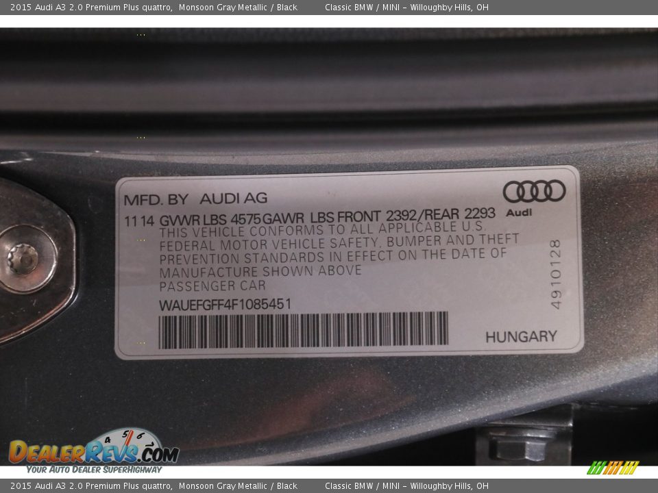 2015 Audi A3 2.0 Premium Plus quattro Monsoon Gray Metallic / Black Photo #21