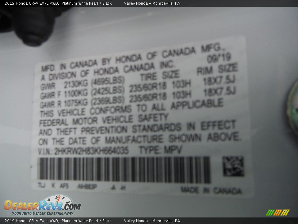 2019 Honda CR-V EX-L AWD Platinum White Pearl / Black Photo #32