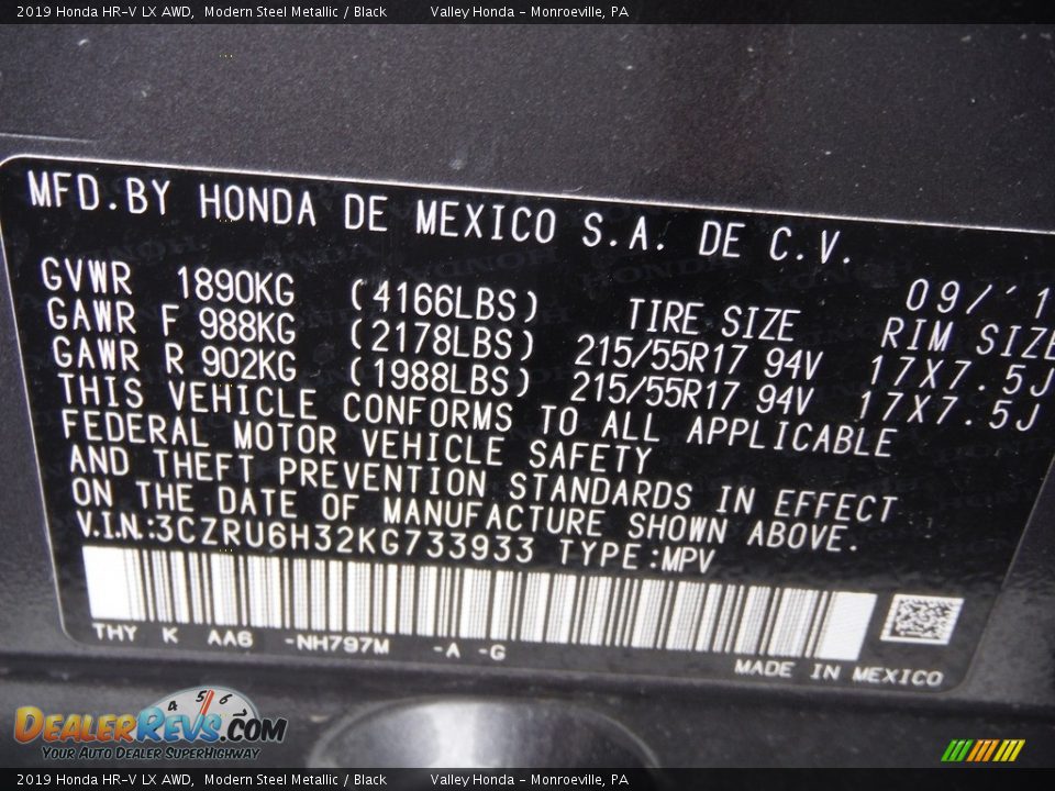 2019 Honda HR-V LX AWD Modern Steel Metallic / Black Photo #30