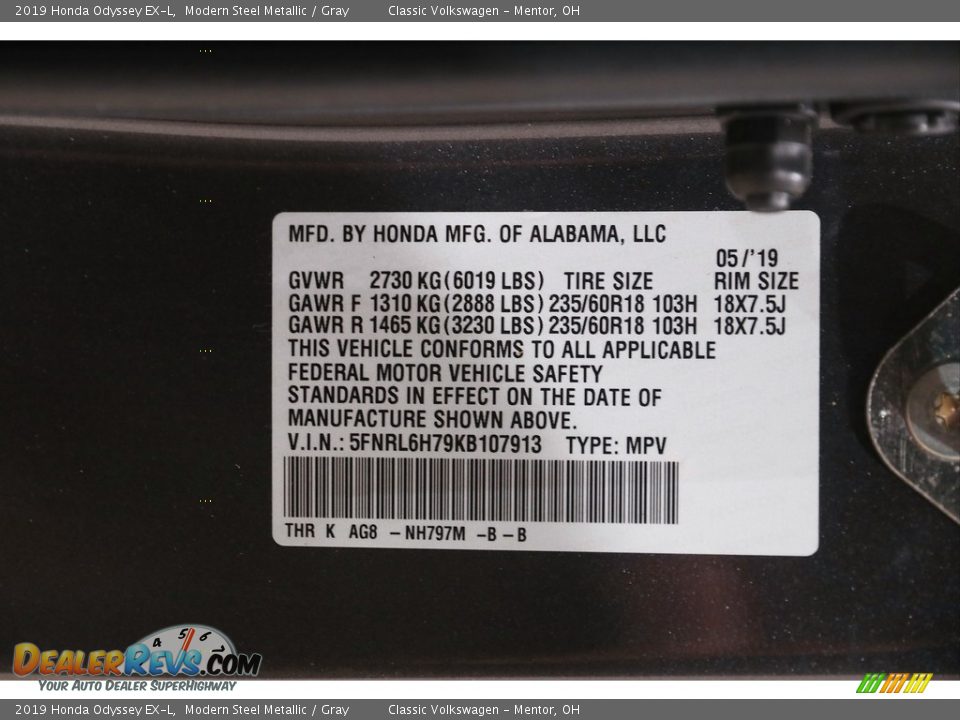 2019 Honda Odyssey EX-L Modern Steel Metallic / Gray Photo #22