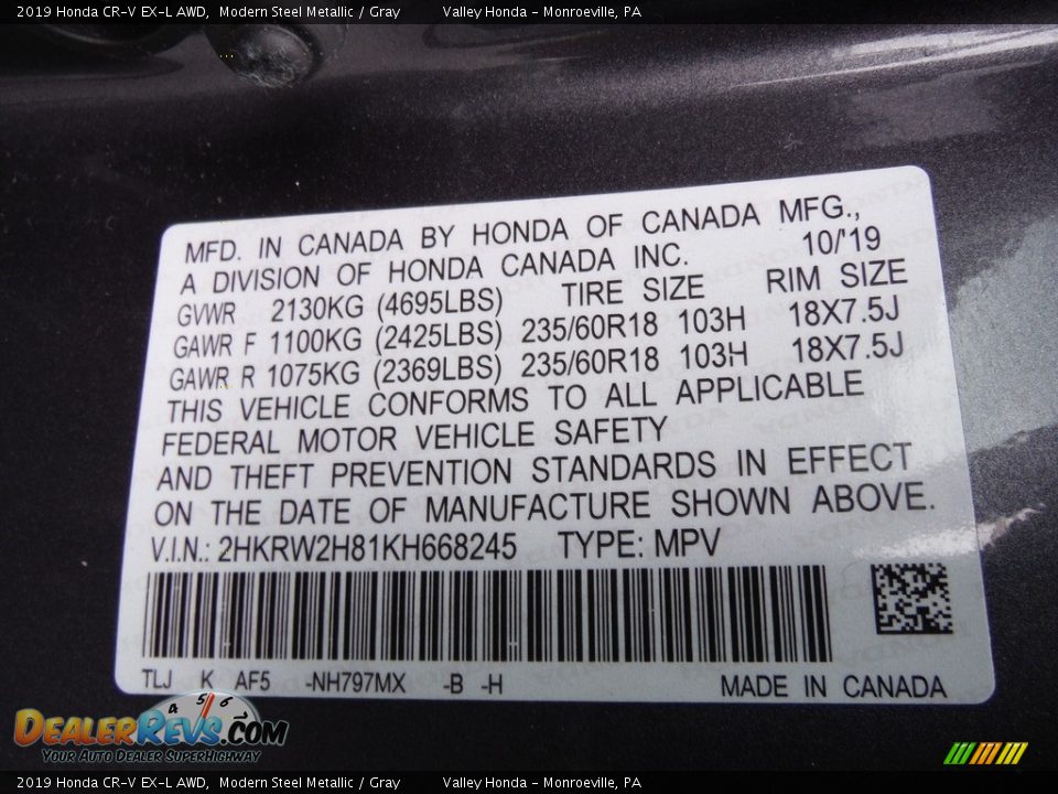 2019 Honda CR-V EX-L AWD Modern Steel Metallic / Gray Photo #34