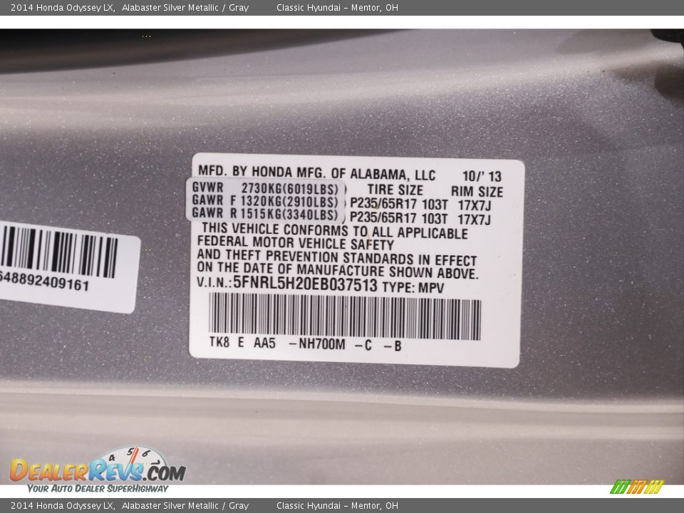 2014 Honda Odyssey LX Alabaster Silver Metallic / Gray Photo #22