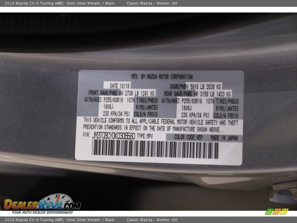 2019 Mazda CX-9 Touring AWD Sonic Silver Metallic / Black Photo #23