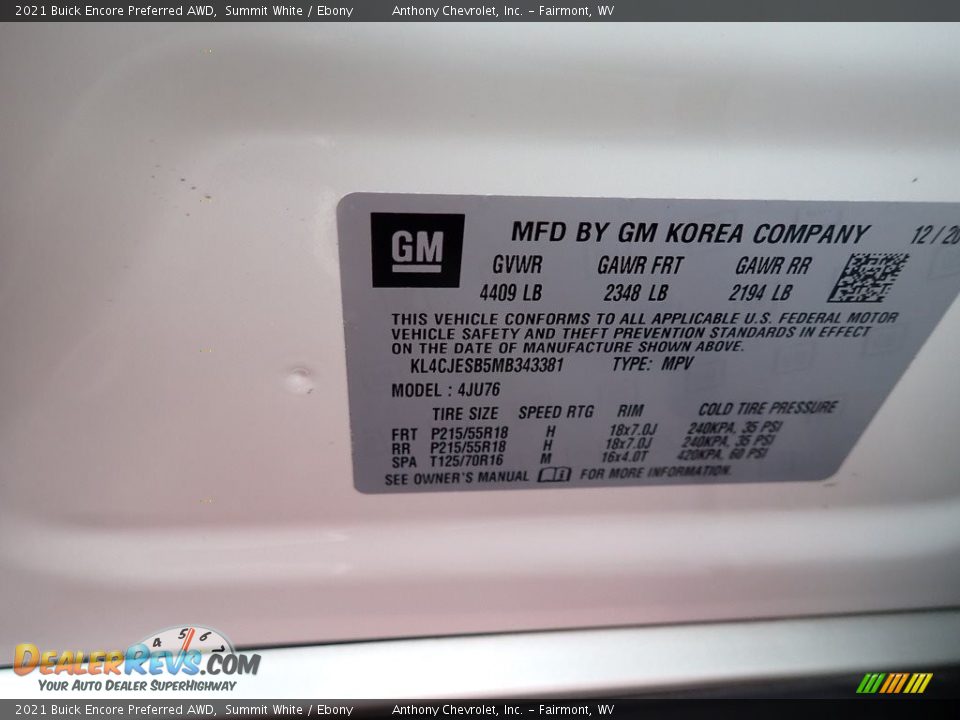 2021 Buick Encore Preferred AWD Summit White / Ebony Photo #15