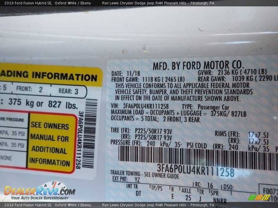 2019 Ford Fusion Hybrid SE Oxford White / Ebony Photo #15