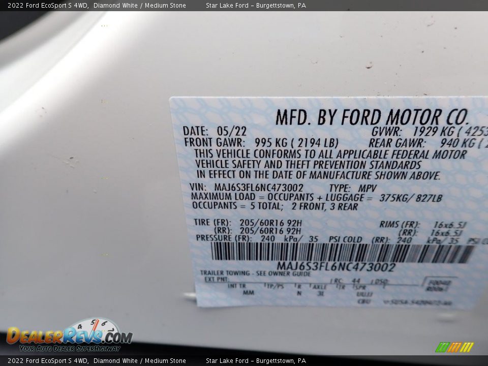 2022 Ford EcoSport S 4WD Diamond White / Medium Stone Photo #14