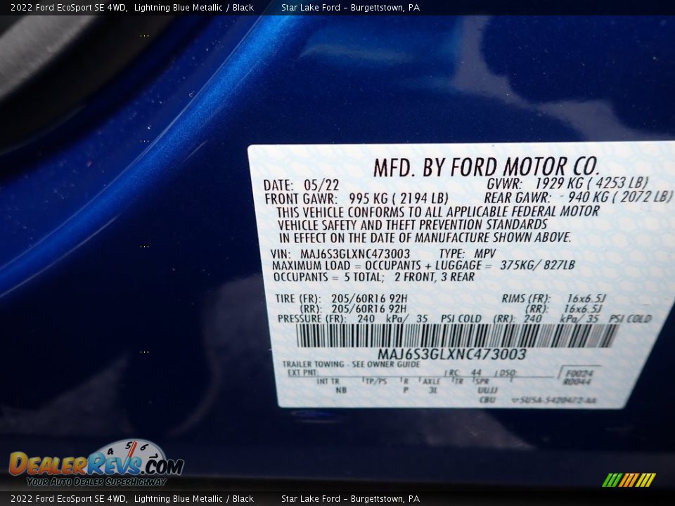 2022 Ford EcoSport SE 4WD Lightning Blue Metallic / Black Photo #14