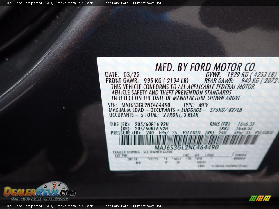 2022 Ford EcoSport SE 4WD Smoke Metallic / Black Photo #14