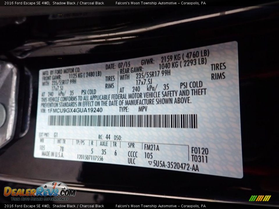 2016 Ford Escape SE 4WD Shadow Black / Charcoal Black Photo #27
