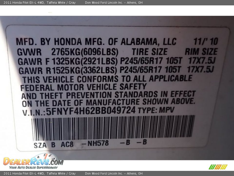 2011 Honda Pilot EX-L 4WD Taffeta White / Gray Photo #34