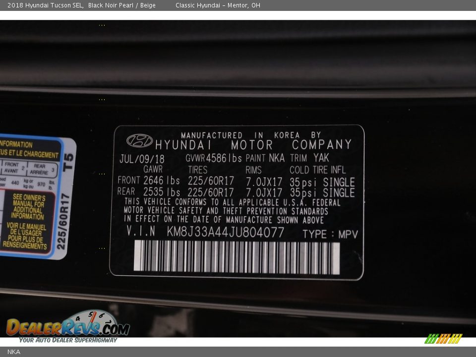 Hyundai Color Code NKA Black Noir Pearl