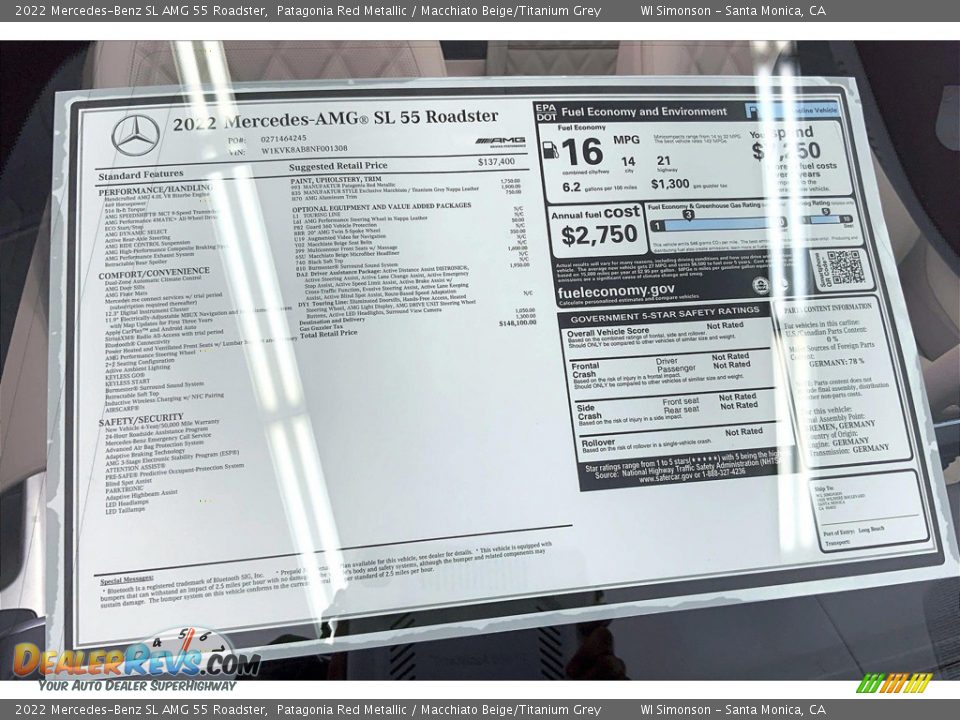 2022 Mercedes-Benz SL AMG 55 Roadster Window Sticker Photo #13