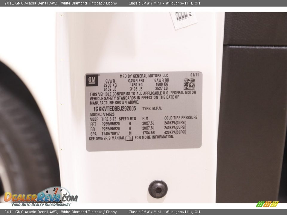 2011 GMC Acadia Denali AWD White Diamond Tintcoat / Ebony Photo #20