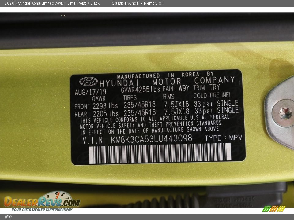 Hyundai Color Code W9Y Lime Twist