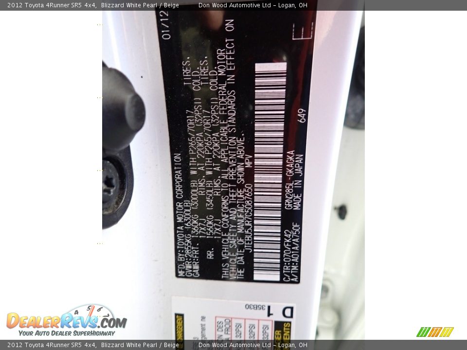 2012 Toyota 4Runner SR5 4x4 Blizzard White Pearl / Beige Photo #35
