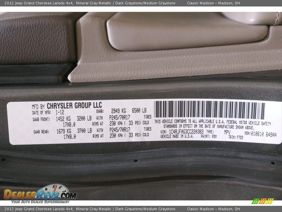 2012 Jeep Grand Cherokee Laredo 4x4 Mineral Gray Metallic / Dark Graystone/Medium Graystone Photo #18