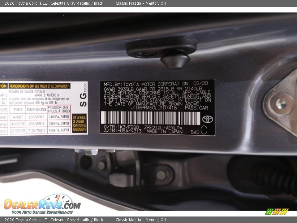 2020 Toyota Corolla LE Celestite Gray Metallic / Black Photo #21