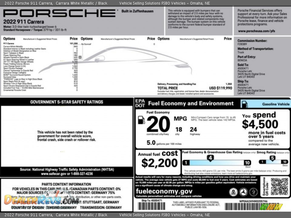 2022 Porsche 911 Carrera Window Sticker Photo #8