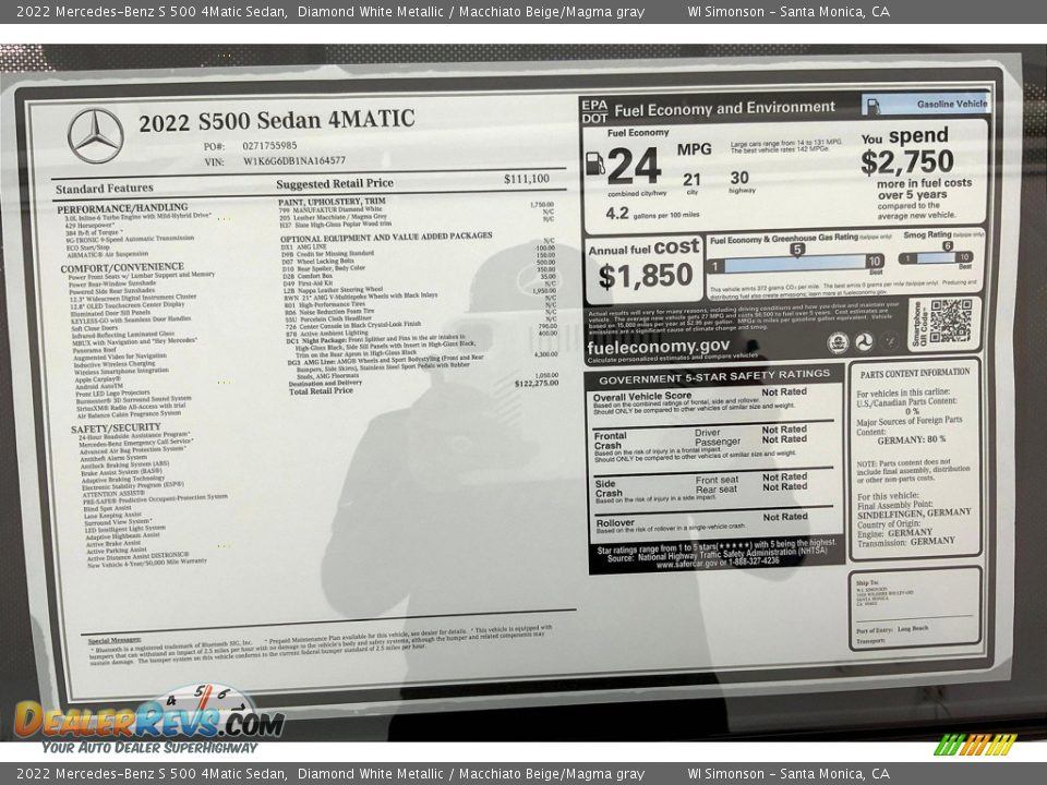 2022 Mercedes-Benz S 500 4Matic Sedan Window Sticker Photo #13