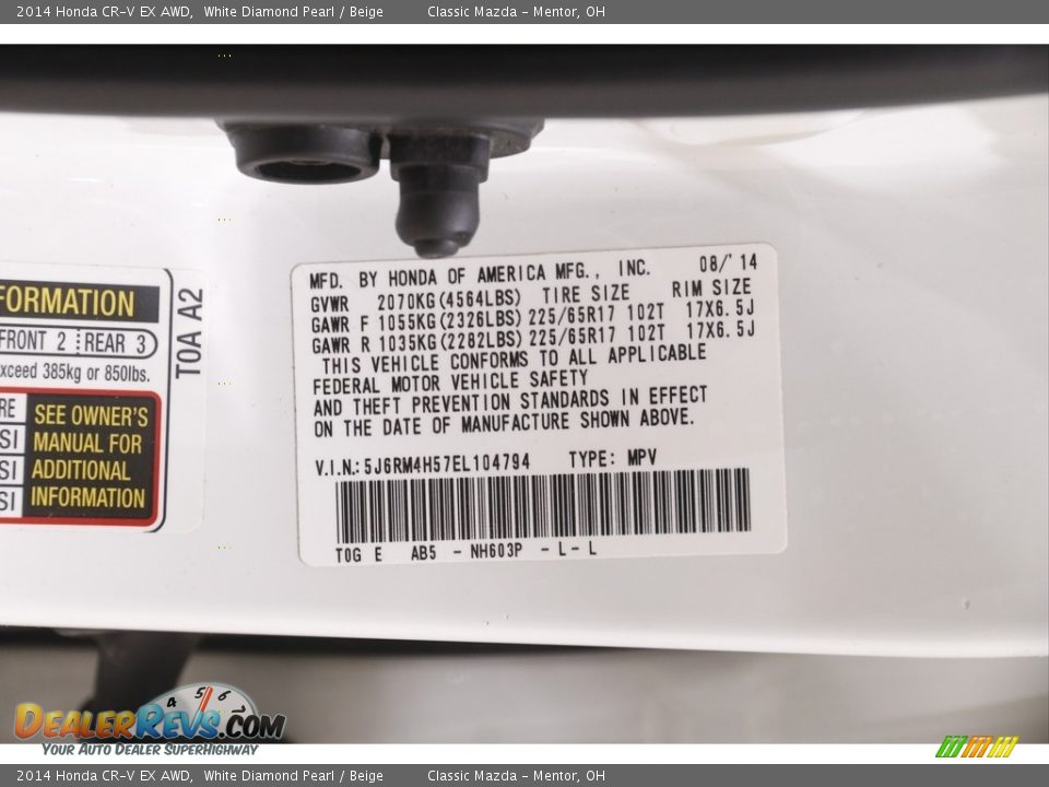 2014 Honda CR-V EX AWD White Diamond Pearl / Beige Photo #22