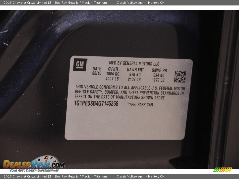 2016 Chevrolet Cruze Limited LT Blue Ray Metallic / Medium Titanium Photo #19
