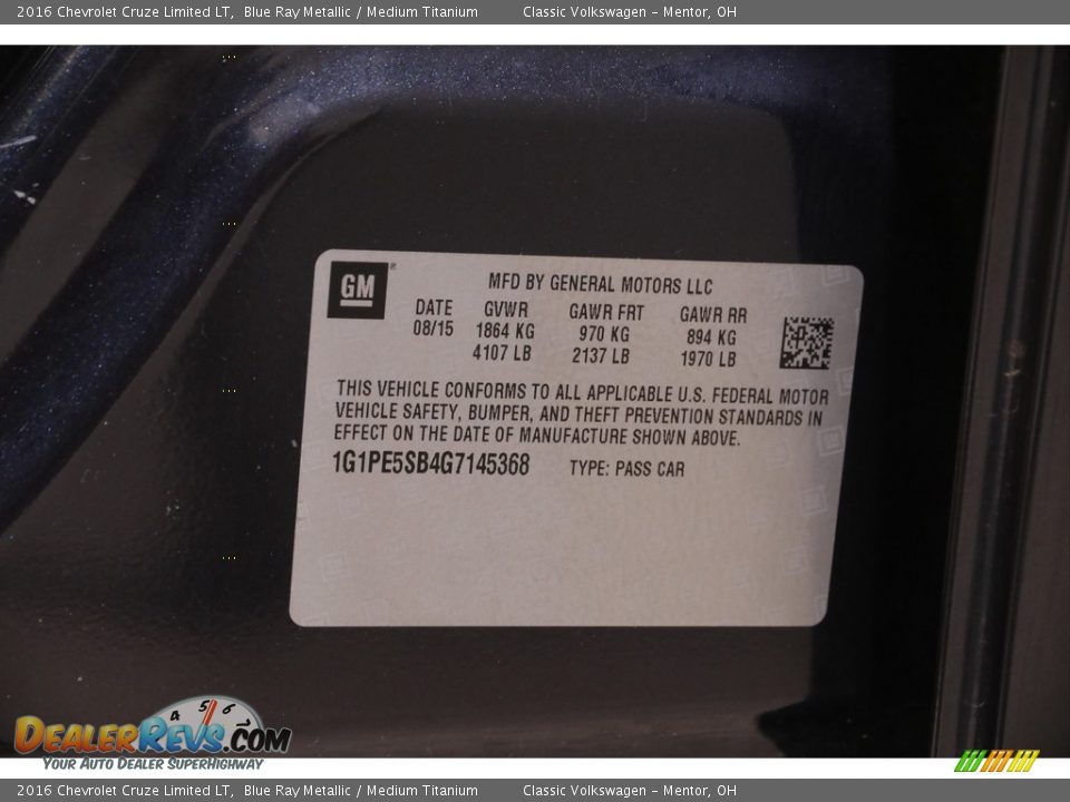 2016 Chevrolet Cruze Limited LT Blue Ray Metallic / Medium Titanium Photo #19