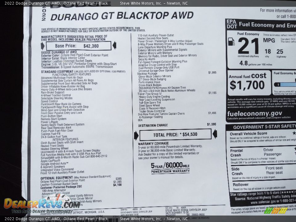 2022 Dodge Durango GT AWD Window Sticker Photo #31