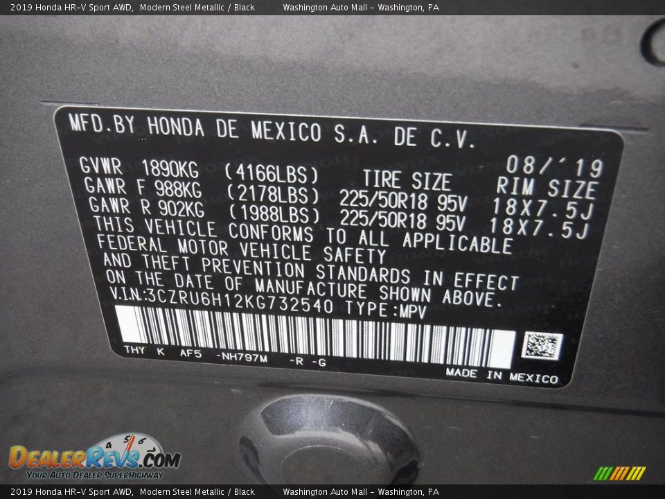 2019 Honda HR-V Sport AWD Modern Steel Metallic / Black Photo #28