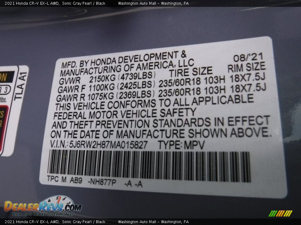 2021 Honda CR-V EX-L AWD Sonic Gray Pearl / Black Photo #33
