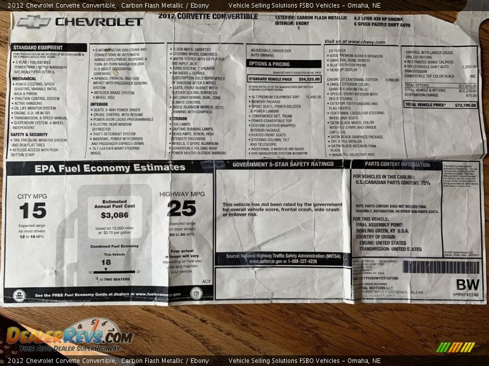 2012 Chevrolet Corvette Convertible Window Sticker Photo #5