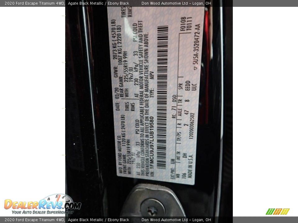 2020 Ford Escape Titanium 4WD Agate Black Metallic / Ebony Black Photo #34