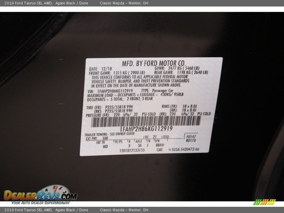 2019 Ford Taurus SEL AWD Agate Black / Dune Photo #22