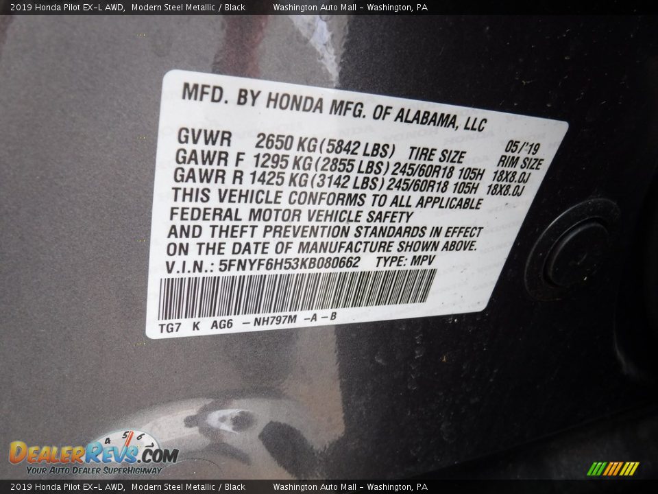 2019 Honda Pilot EX-L AWD Modern Steel Metallic / Black Photo #12