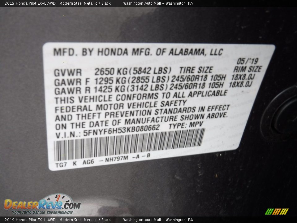 2019 Honda Pilot EX-L AWD Modern Steel Metallic / Black Photo #25