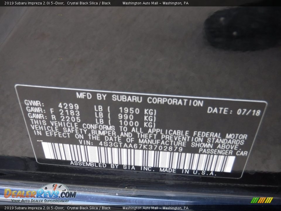 2019 Subaru Impreza 2.0i 5-Door Crystal Black Silica / Black Photo #25