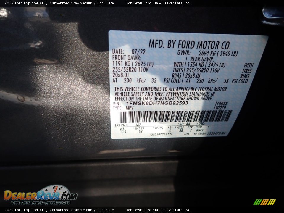 2022 Ford Explorer XLT Carbonized Gray Metallic / Light Slate Photo #20