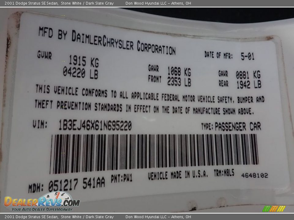 2001 Dodge Stratus SE Sedan Stone White / Dark Slate Gray Photo #32