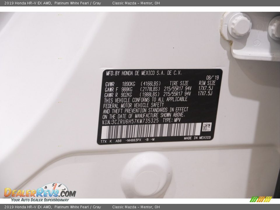 2019 Honda HR-V EX AWD Platinum White Pearl / Gray Photo #20