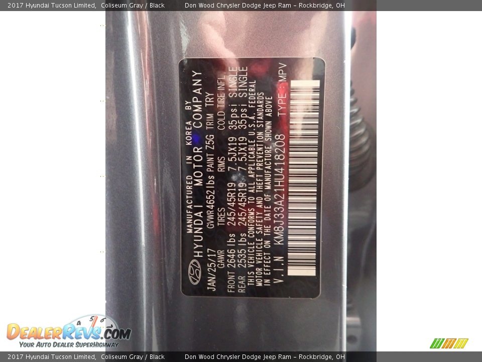 2017 Hyundai Tucson Limited Coliseum Gray / Black Photo #35