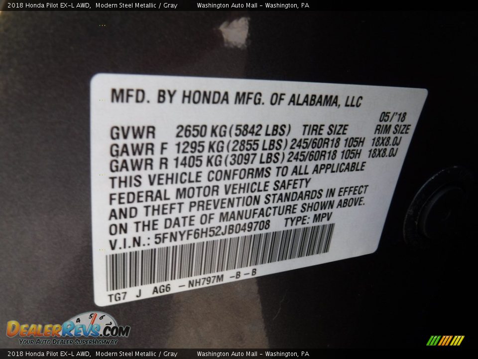 2018 Honda Pilot EX-L AWD Modern Steel Metallic / Gray Photo #33
