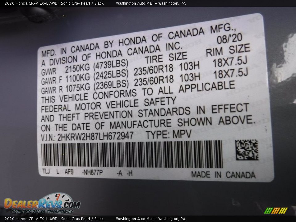 2020 Honda CR-V EX-L AWD Sonic Gray Pearl / Black Photo #31