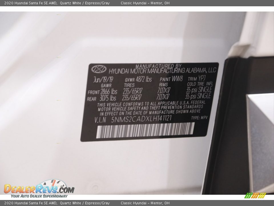 2020 Hyundai Santa Fe SE AWD Quartz White / Espresso/Gray Photo #20