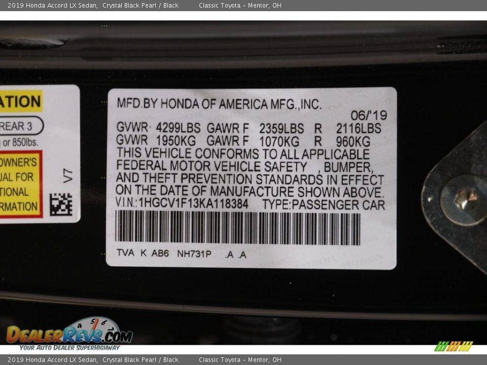 2019 Honda Accord LX Sedan Crystal Black Pearl / Black Photo #19