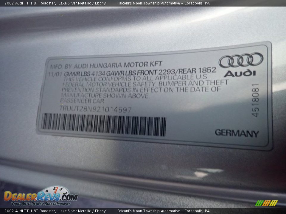 2002 Audi TT 1.8T Roadster Lake Silver Metallic / Ebony Photo #23