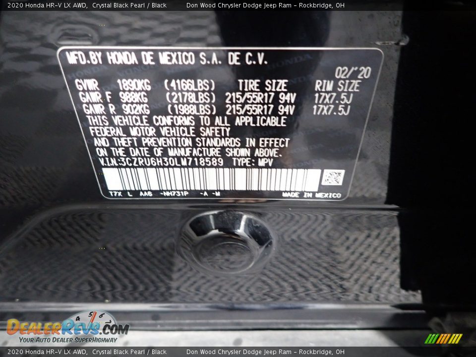 2020 Honda HR-V LX AWD Crystal Black Pearl / Black Photo #31